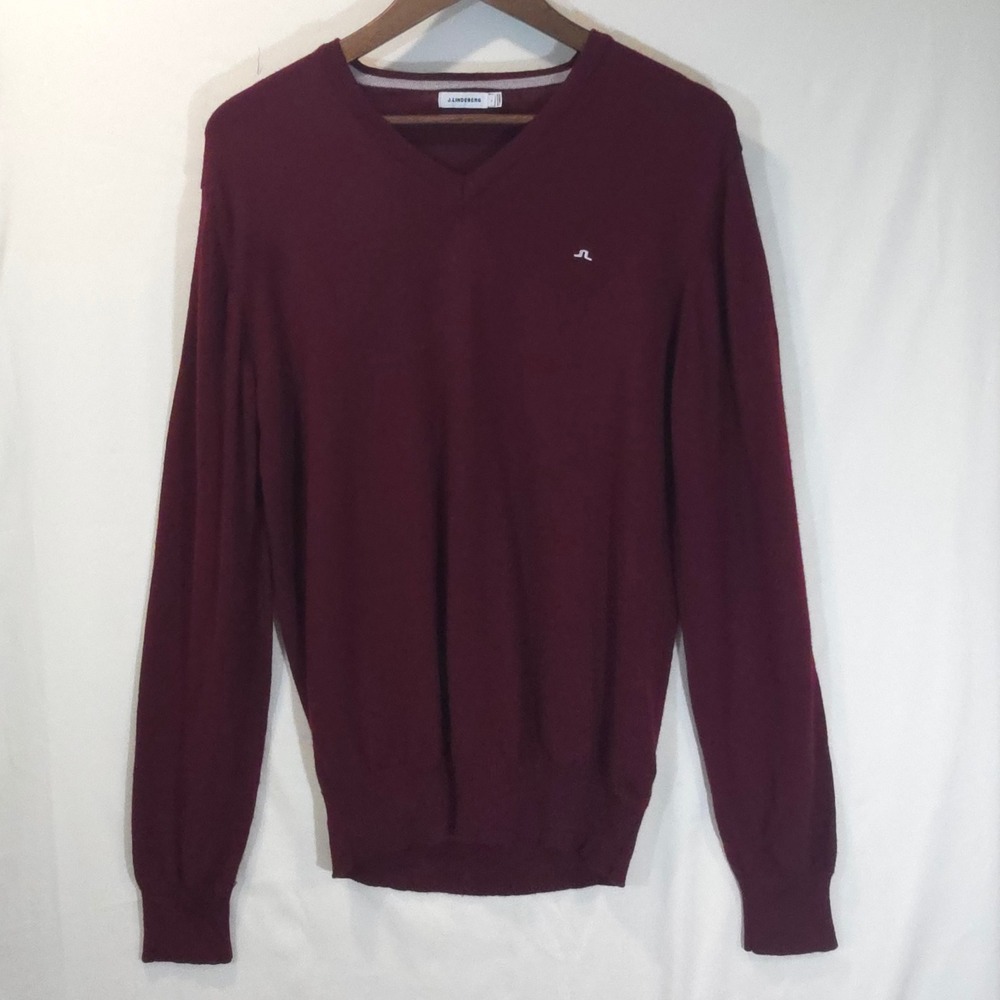 J.Lindeberg Lymann Burgundy 100% Merino Wool V-Neck‎ Sweater Men's Large